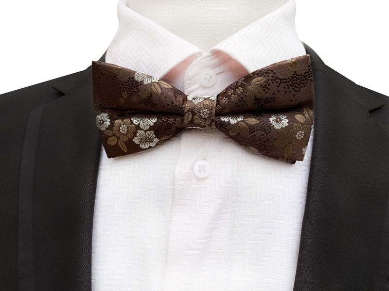 Secdtie Mens Brown with White Floral Cravat Bow Tie Pocket Square Set Boy Formal Business Necktie Nearwear - Image 4